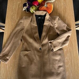Zara Camel Brown Single-Button Long Blazer/coat